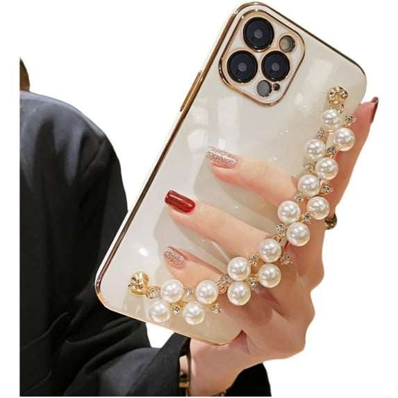 Electroplating with Beads Bracelet Creative Phone Case, Full Cover Lens, Anti-Drop, for iPhone 15 14 13 12 11 Pro Max Mini XS XR X 7 8 6 SE 2020 2022 Phone Case (White,iPhone 14)