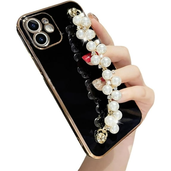 Electroplating with Beads Bracelet Creative Phone Case, Full Cover Lens, Anti-Drop, for iPhone 15 14 13 12 11 Pro Max Mini XS XR X 7 8 6 SE 2020 2022 Phone Case (Black,iPhone 13 Pro)