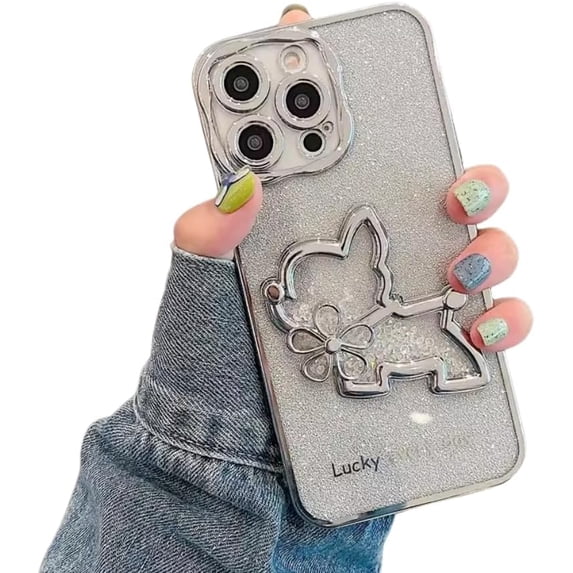 Electroplating Gradient Glitter Quicksand Dog Phone case, Flash Girly Sense, Lens Full Package, Cute and Creative, for iPhone 14 13 12 11 Pro Max Plus Phone case (Silver,iPhone 14 Plus)