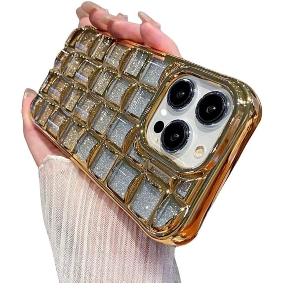 Electroplating Magic Grid Phone case, Gradient Glitter Phone case, Soft Material, Anti-Drop and wear-Resistant, for iPhone 15 14 13 12 11 Pro Max Phone case (Gold,iPhone 14)