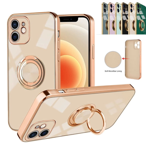 Electroplating Magnetic Finger Ring Holder Apple iPhone 12 Pro Case (Black) Grip Kickstand Shockproof and Scratch Resistant Protection Cover