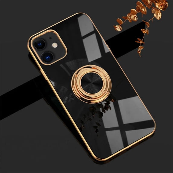 Electroplating Magnetic Finger Ring Holder Apple iPhone 15 Plus Case (Black) Grip Kickstand Shockproof and Scratch Resistant Protection Cover
