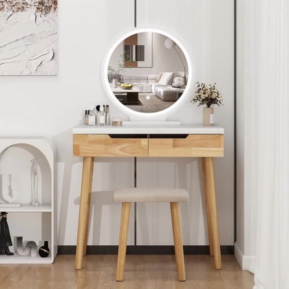 Elecwish Dressing Table Padded Stool Mirror Drawers Table Stool Brown