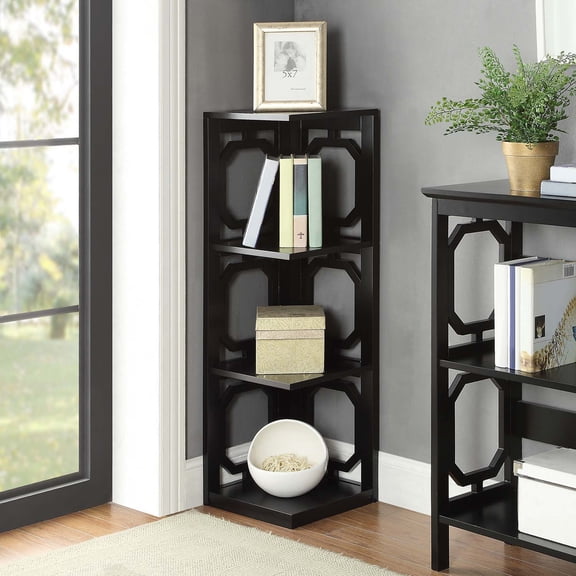 Elegance 3-Tier Corner Bookcase, Black, Space-Saving Design, 2 Open Shelves, Wood Construction, Contemporary Look, Easy Assembly, Complements Any Interior