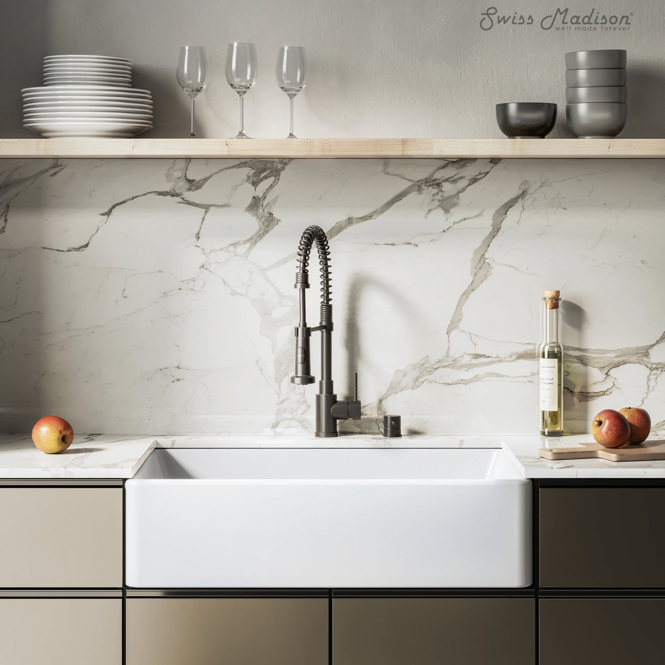 Elegance 33" x 20" Single Basin Fireclay Farmhouse Kitchen Sink in Glossy White