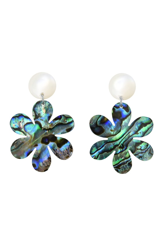 Elegance Abalone Shell Flower on White Circle Post Drop Dangle Earrings