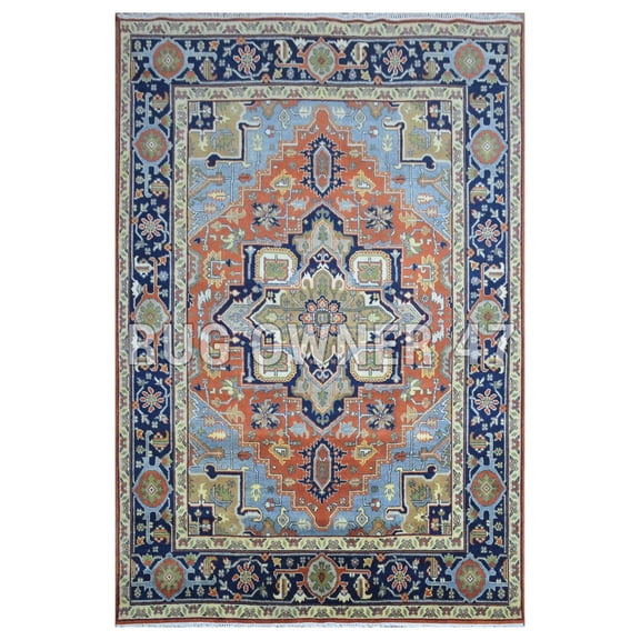 Elegance Beauty Of Traditional Hand-Knotted Serapi Area Rug 9X12 Handmade Wool Area Rug Rust, Blue, M Blue,