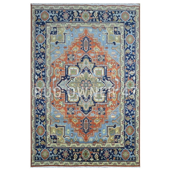 Elegance Beauty Of Traditional Hand-Knotted Serapi Area Rug 9X12 Handmade Wool Area Rug Rust, Blue, M Blue,