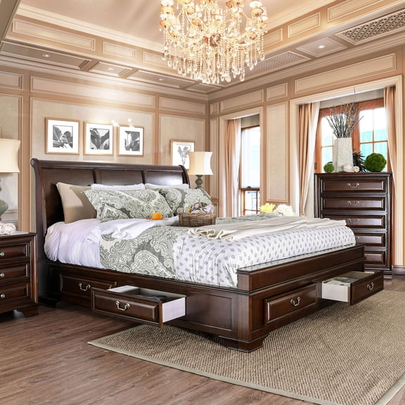 Elegance Bedroom Furniture Transitional Solid wood 3pc Est King Size Bed 2x Nightstands w USB Brown Cherry Storage Bed Drawers
