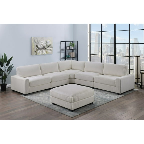 Elegance Contemporary 6pcs Sectional Set XL-Beige Corduroy Corner Wedge Chairs Ottoman Modular Living Room