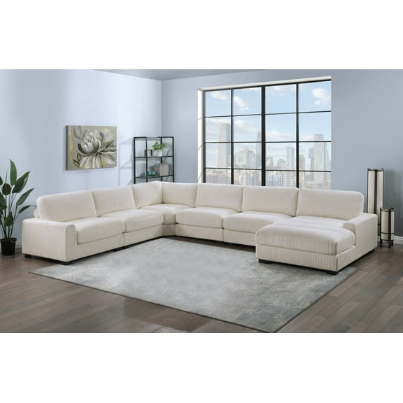 Elegance Contemporary 6pcs Sectional Set XL-Beige Corduroy Corner Wedge Chaise Chairs Modular Living Room