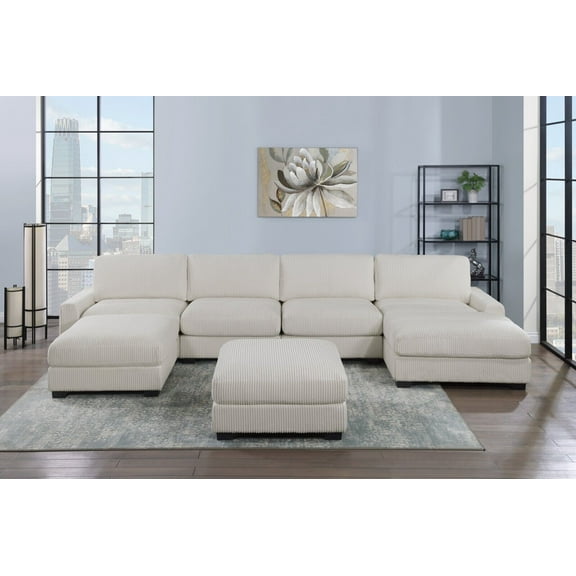 Elegance Contemporary 6pcs Sectional Set XL-Beige Corduroy Wedge Chairs Chaise Ottoman Modular Living Room