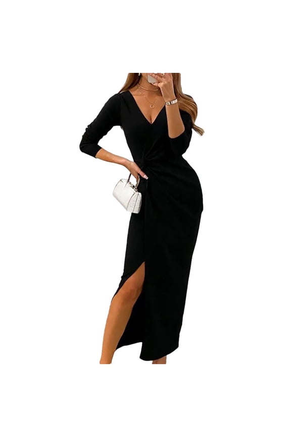 Elegance Evening Dress, Long Sleeve Figure-Hugging Maxi with High Slit, Elegant Formal Dress for Wedding Guest, Dinner Date & New Year Black L