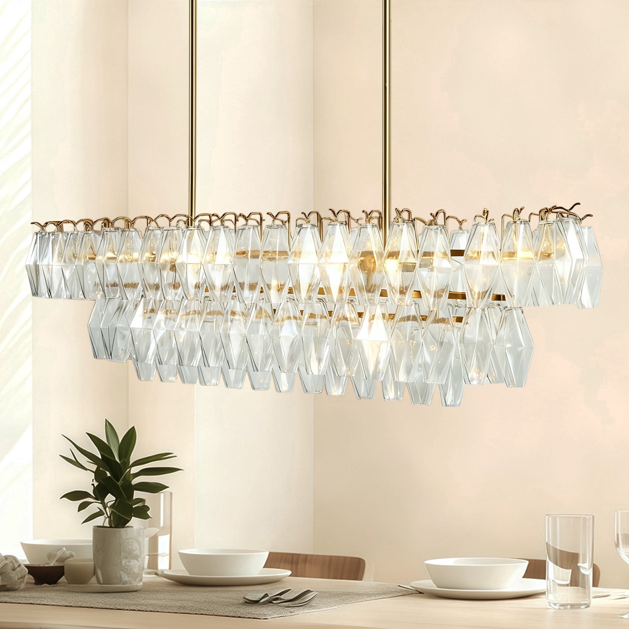 Elegance Fluted Adjustable Crystal Chandelier with Luxe Metallic Finish Fixtures for Dining Living Room Ceiling Lamp for Bedroom