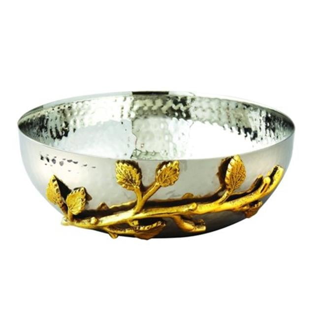 Elegance Gilt Leaf Hammered Stainless Steel Salad Bowl, Silver \u0026 Gold