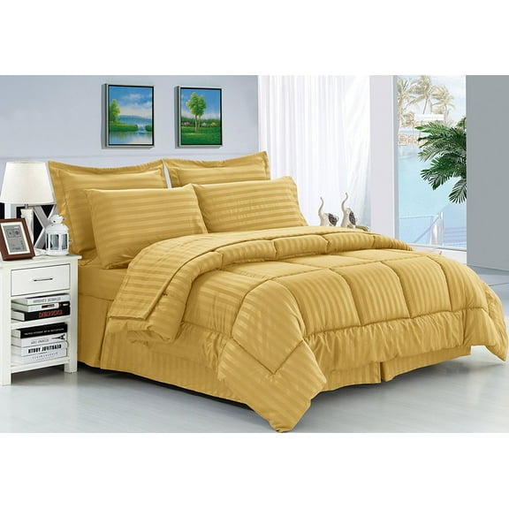 Elegance Linen Wrinkle Resistant - Silky Soft Dobby Stripe Bed-in-a-Bag 8-Piece Comforter Set --HypoAllergenic - Full/Queen, Gold