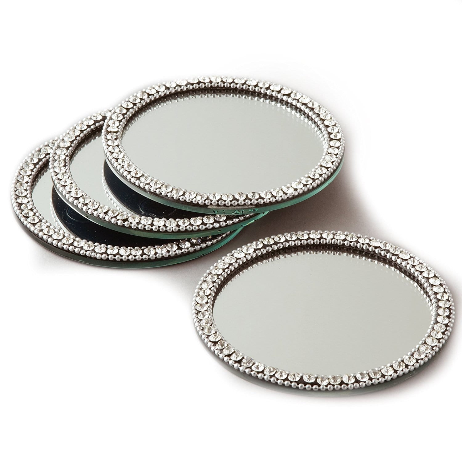 Elegant Silver Round Mirror Coasters with Crystal Accents