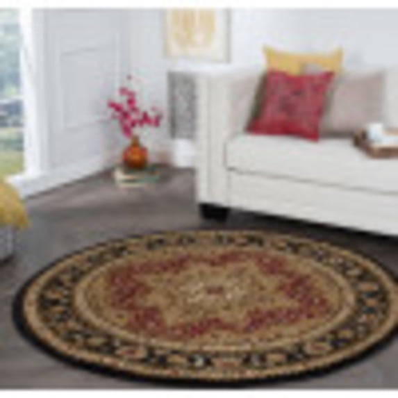 Elegance Traditional 5' Round Red and Black Polypropylene Indoor Area Rug