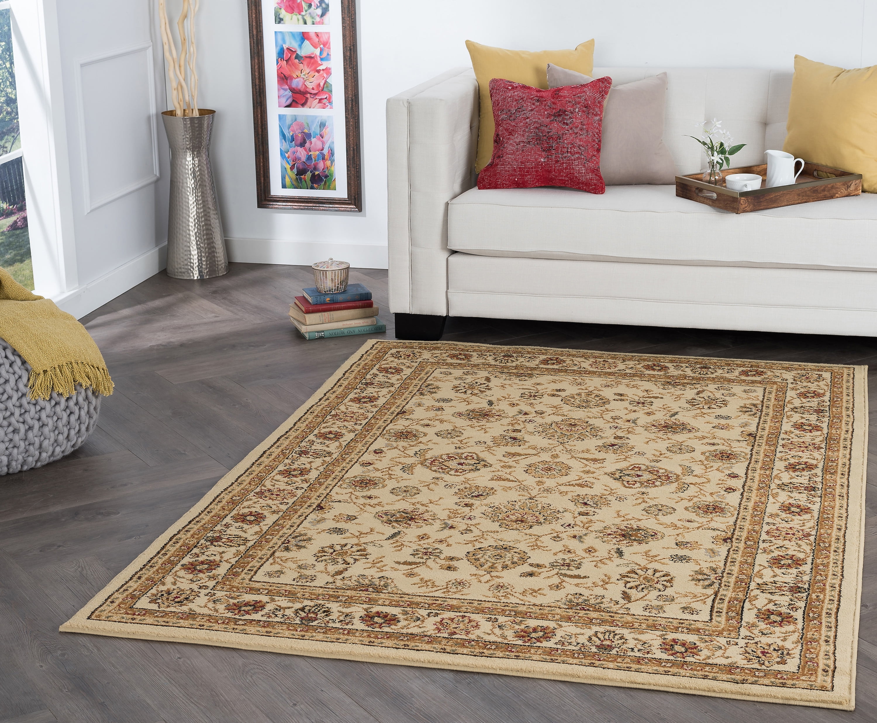 Elegance Traditional 5' x 7' Beige and Red Polypropylene Indoor Area Rug