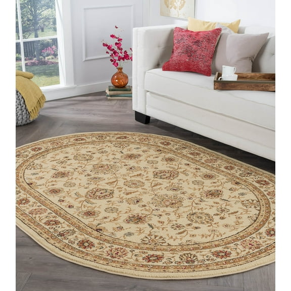 Elegance Traditional 6.7' x 9.6' Oval Beige and Red Polypropylene Indoor Area Rug