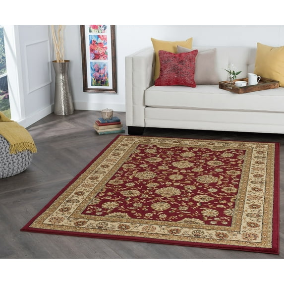 Elegance Traditional 7.6' x 10' Red and Beige Polypropylene Indoor Area Rug