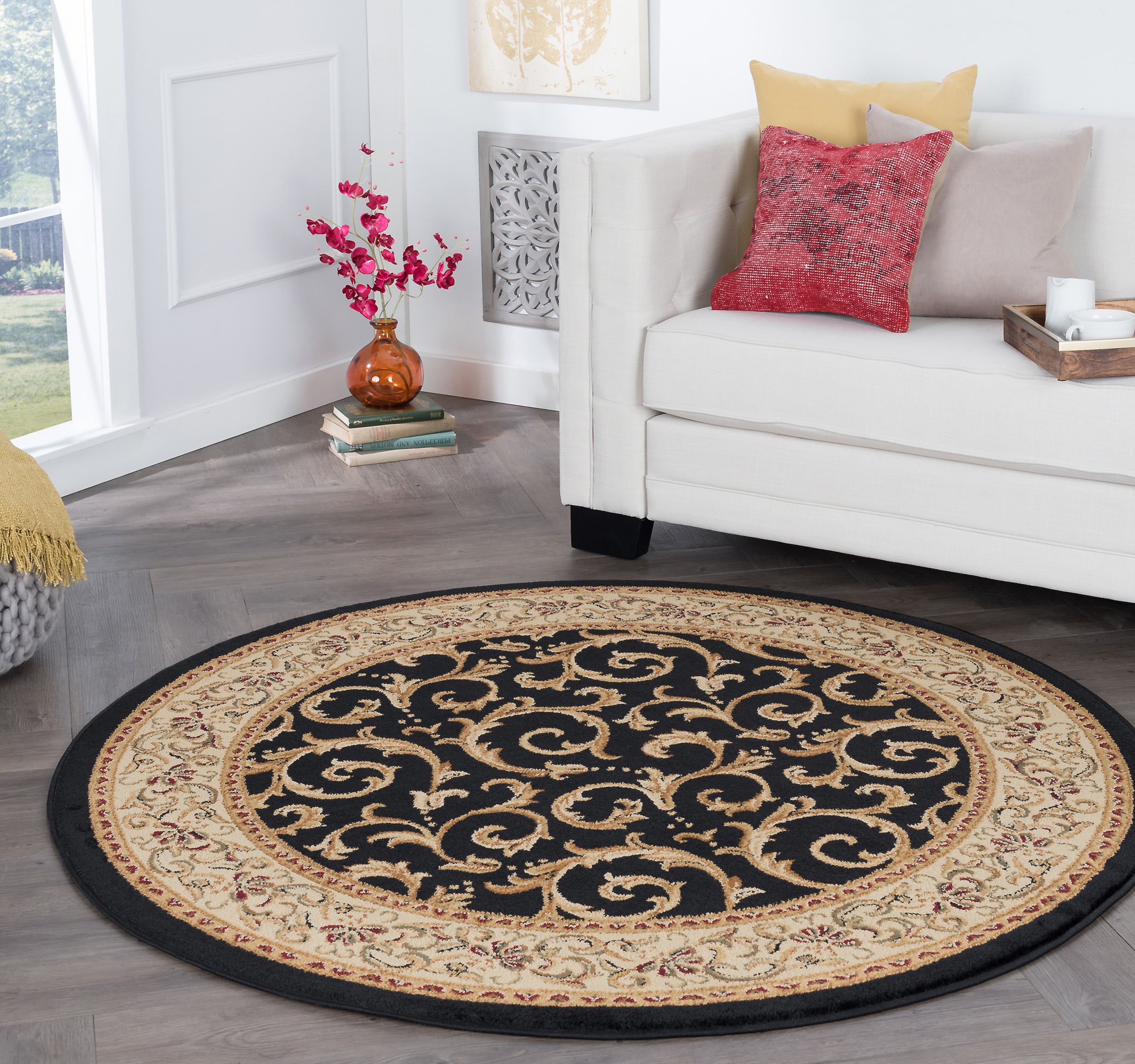 Elegance Transitional 5' Round Black and Beige Polypropylene Indoor Area Rug