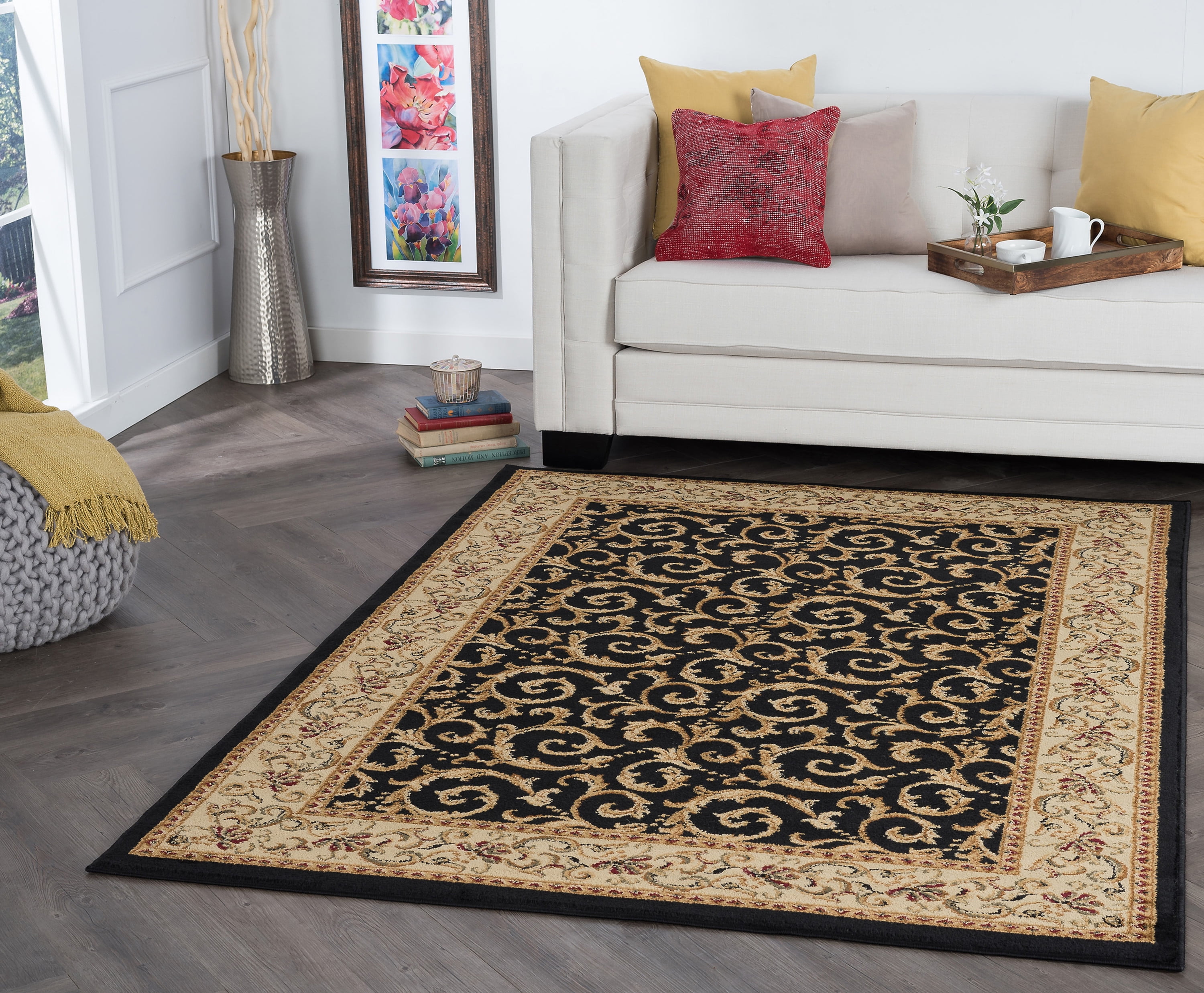 Elegance Transitional 5' x 7' Black and Beige Polypropylene Indoor Area Rug