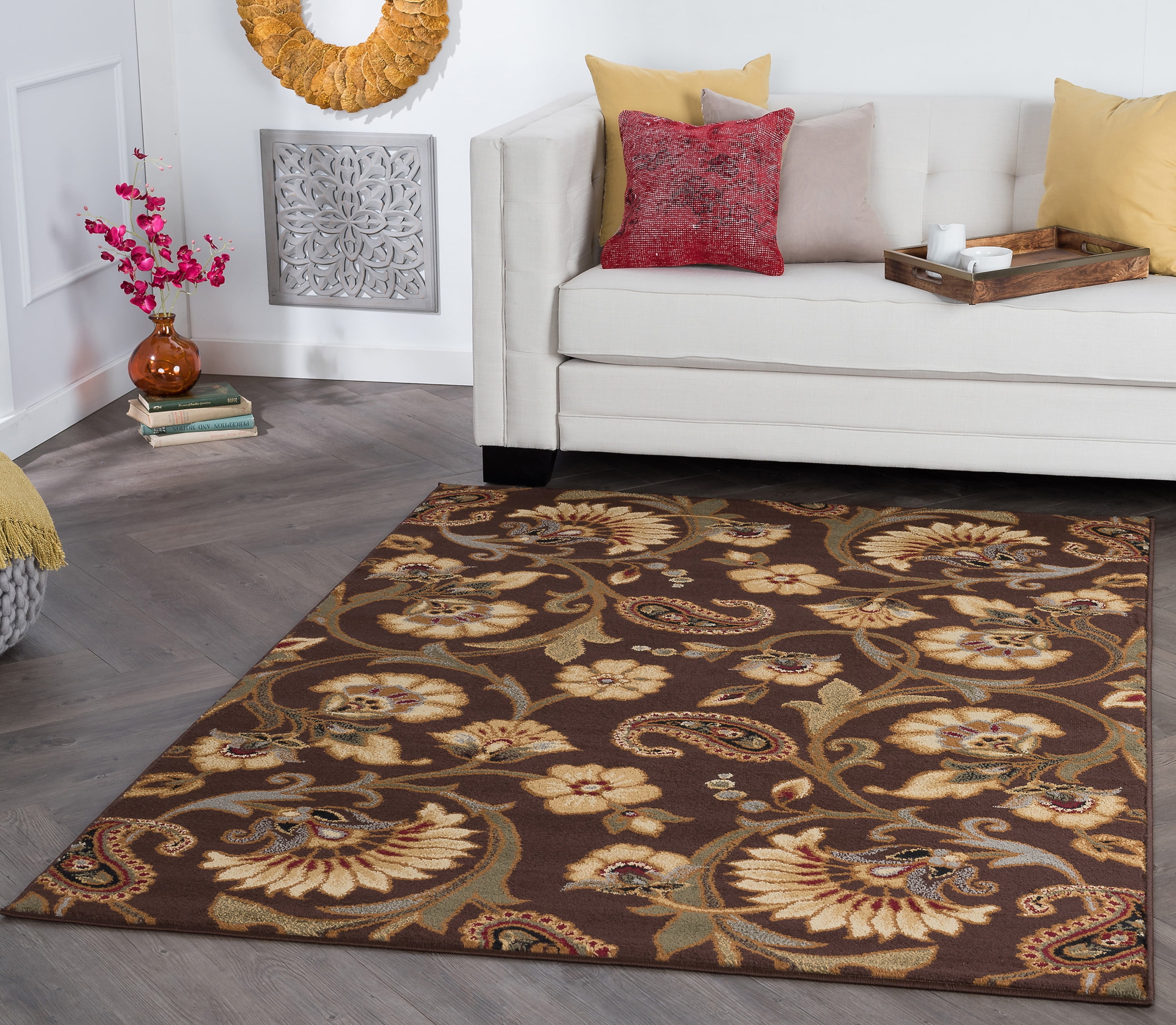 Elegance Transitional 5' x 7' Brown and Sage Green Polypropylene Indoor Area Rug