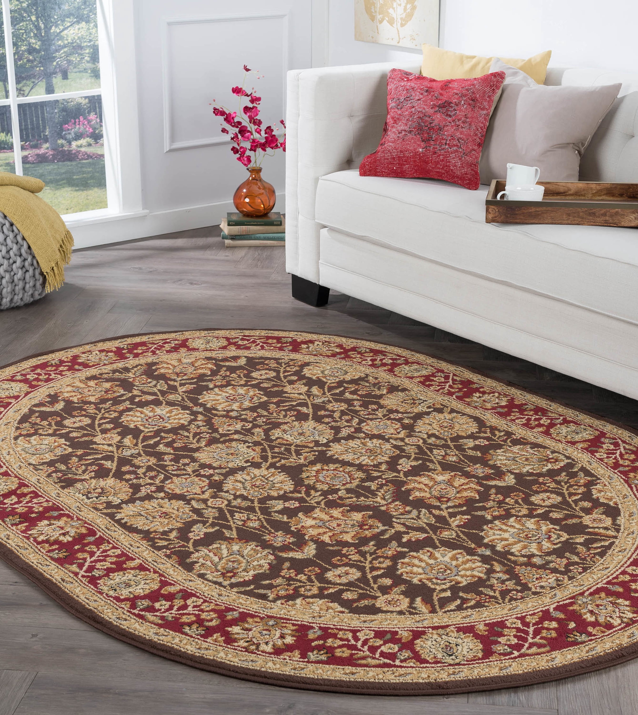 Elegance Transitional 5' x 7' Oval Brown and Sage Green Polypropylene Indoor Area Rug