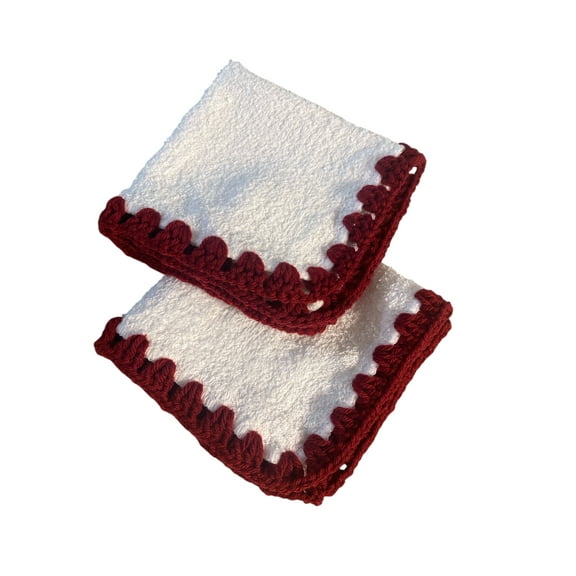 Eleganceinlife Pack of 2 Handmade Crochet Trim Cotton Washcloths, White with Maroon Edge, 11-Inch Square