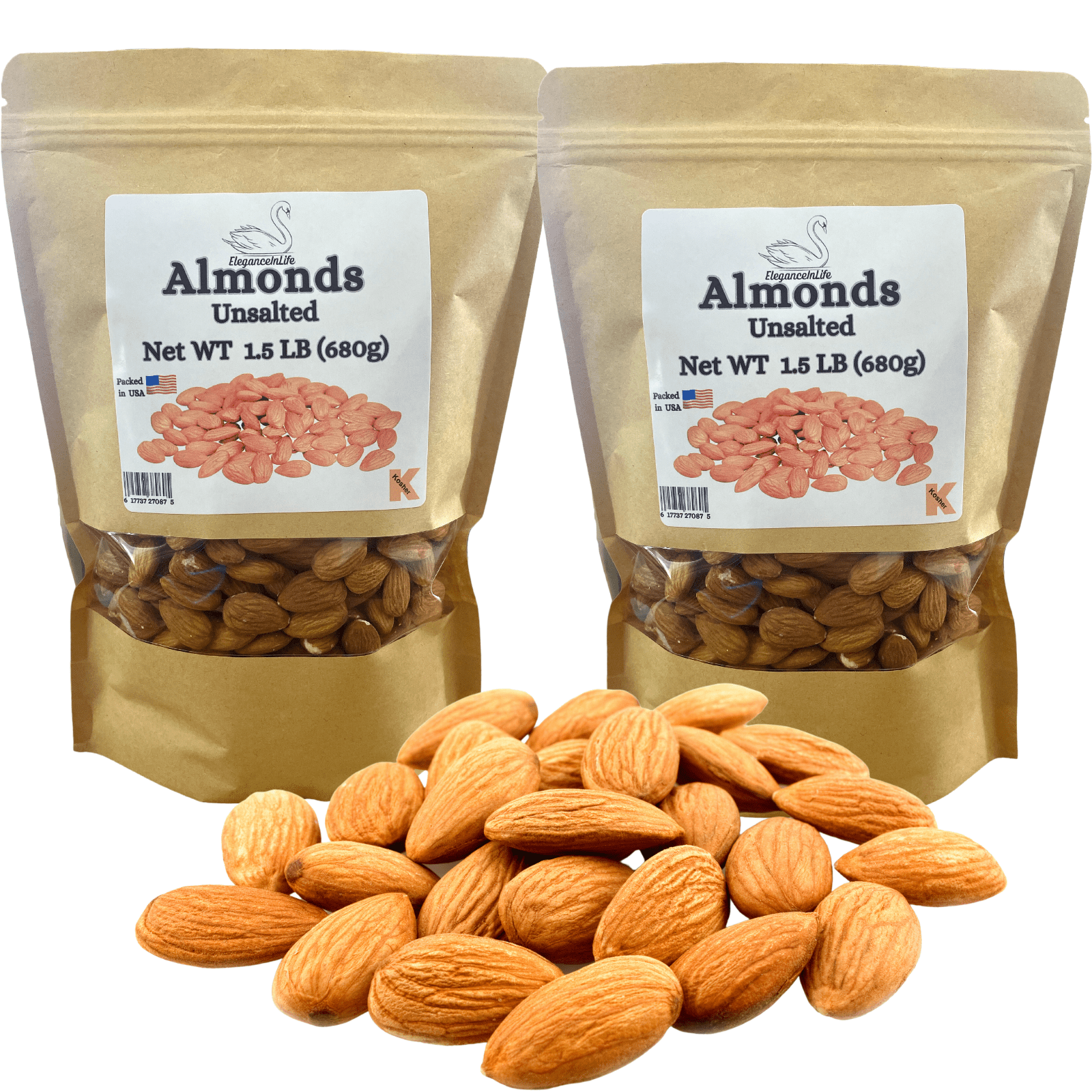 Eleganceinlife Raw Whole Almonds Unsalted 1.5 LB Packed in USA Kosher Halal Pack of 2