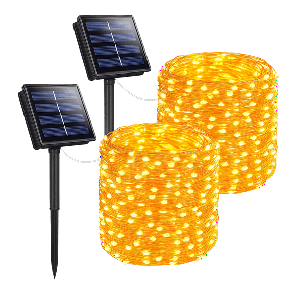 Elegani 2-Pack Solar Powered Fairy Lights 100 LED Each  32ft Warm White Copper Wire Outdoor Waterproof String Lights with Ground Stakes