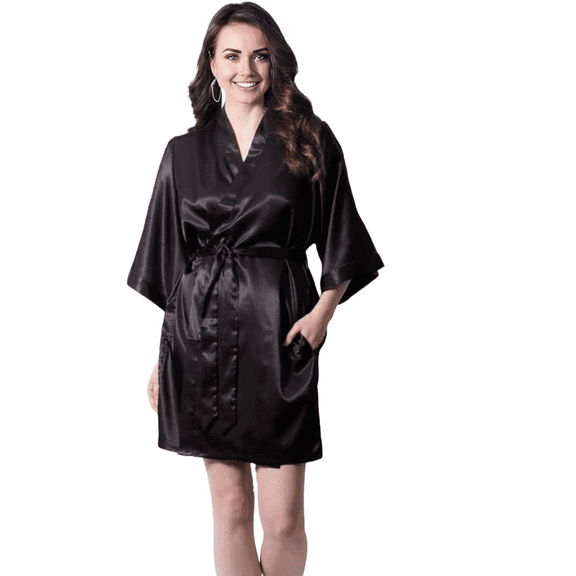 Elegani Bridal Satin Kimono Short Robe for Women - Soft, Stylish, and Comfortable, Black (X-Large)