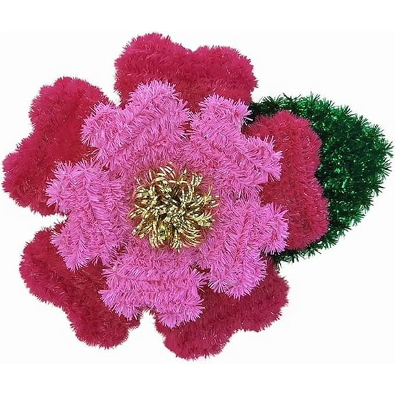 Elegani Hibiscus Flower Foil 3D Tinsel Party Wreath Decor - (7.3" x 8.25"), Pink