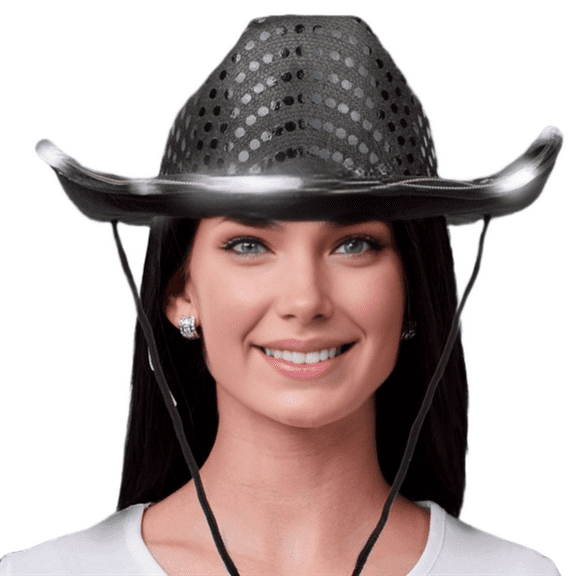 Elegani LED Black Sequin Cowboy Cowgirl Hat - Light Up Your Party