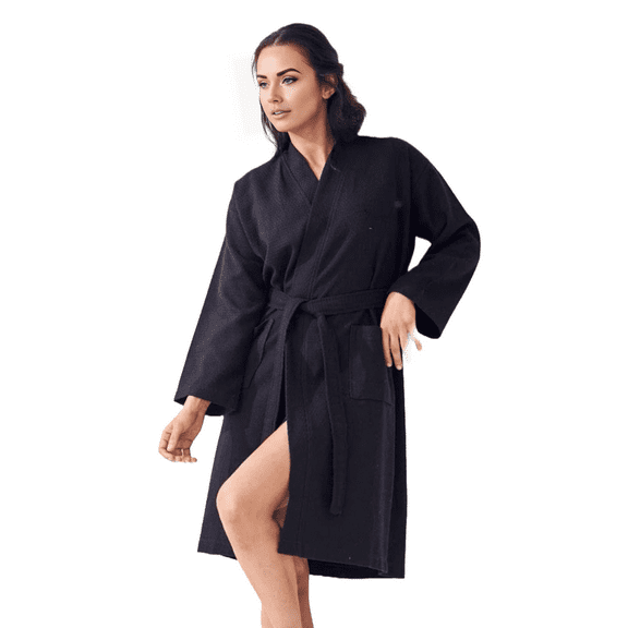 Elegani Long Waffle Cotton Kimono Bathrobe for Women, Black (Medium)