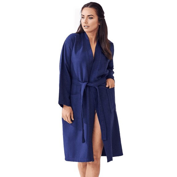 Elegani Long Waffle Cotton Kimono Bathrobe for Women, Navy (SM)