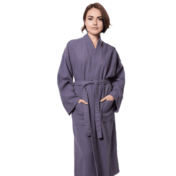 Elegani Long Waffle Cotton Kimono Bathrobe for Women, Stone Gray (SM)