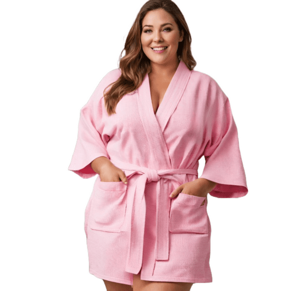 Elegani Plus Size Women's Waffle Kimono Bathrobe - Soft & Cozy, Knee-Length (Cotton Blend) Light Pink XXL
