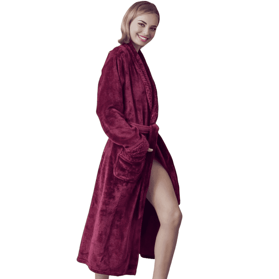 Elegani Plush Shawl Collar Robe for Women-Dark Red (XXL)