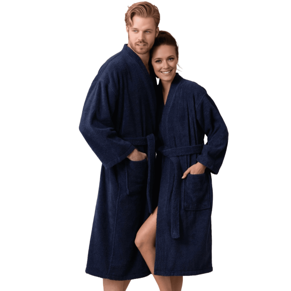 Elegani Premium Unisex Terry Bathrobe - Soft, Absorbent 100% Cotton Kimono Robe, Navu (Medium)