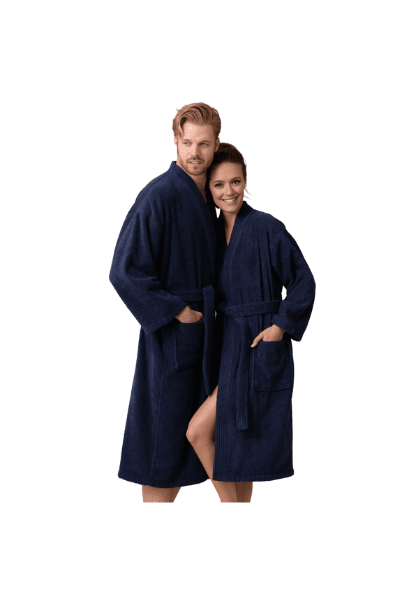 Premium Unisex Terry Bathrobe - Soft, Absorbent 100% Cotton Kimono Robe, Navy (Small)