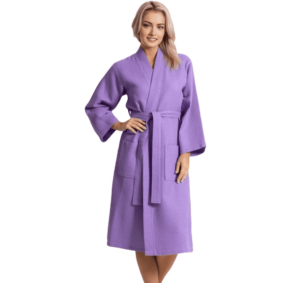 Elegani Robes - Women's 100% Turkish Cotton Waffle Kimono Long Below the Knee Bathrobe (Luxury & Comfort)-Lavender Purple (One Size)