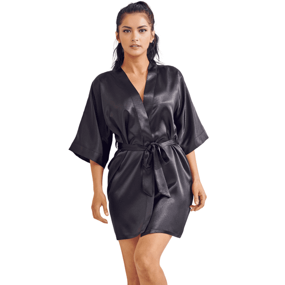 Elegani Satin Kimono Black Short Robe for Women (Small/Medium) - Luxurious Robes