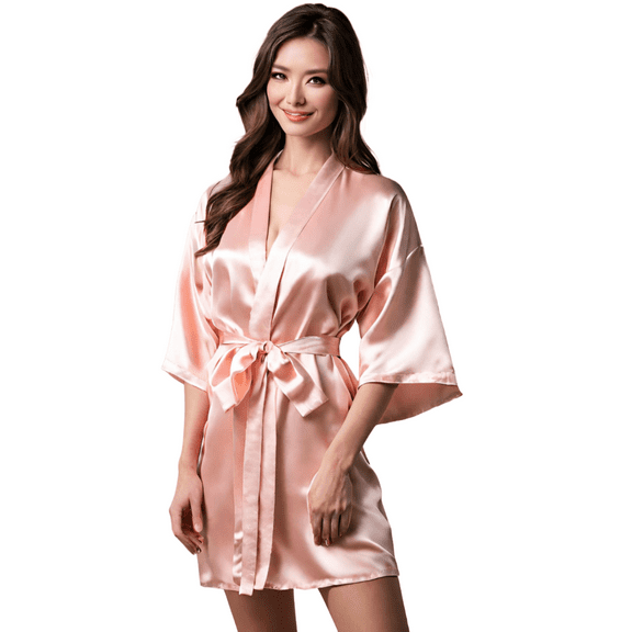 Elegani Satin Kimono Peach Pink Short Robe for Women (Small/Medium) - Luxurious Robes