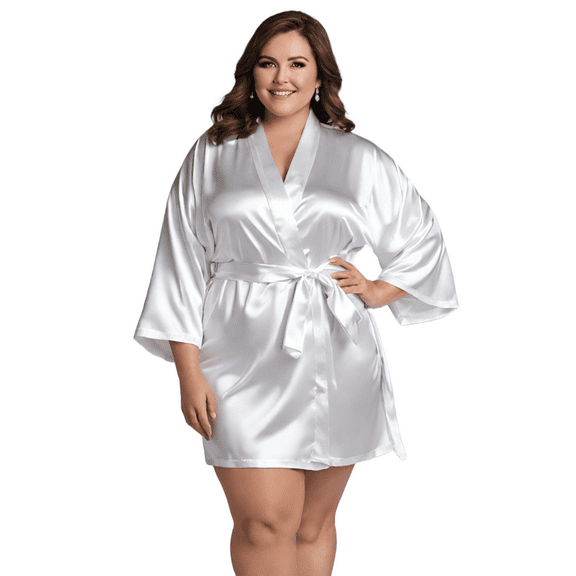 Elegani Satin Kimono White Short Robe for Plus Size Women (XXLarge) - Luxurious Robe