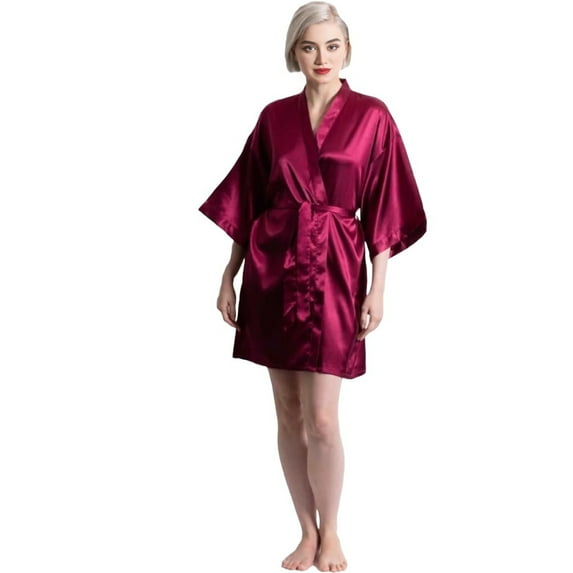 Elegani Satin Kimono Wine Red Short Robe for Women (Large) - Luxurious Robe