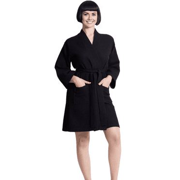 Elegani Soft Cotton Blend Waffle Kimono Perfect Knee Lenghth Robe for Women -Black (M)