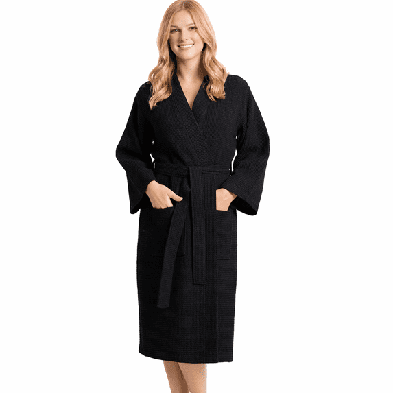 Elegani Soft Cotton Blend Waffle Kimono Perfect Knee Lenghth Robe for Women -Black (SM)