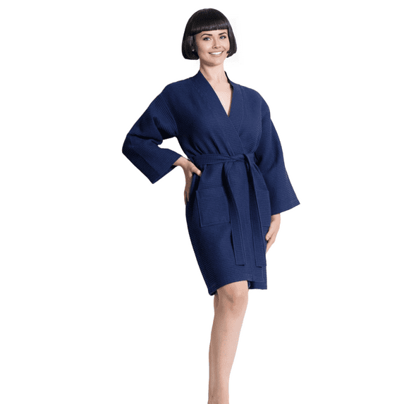 Elegani Soft Cotton Blend Waffle Kimono Perfect Knee Lenghth Robe for Women -NVY (XXL)